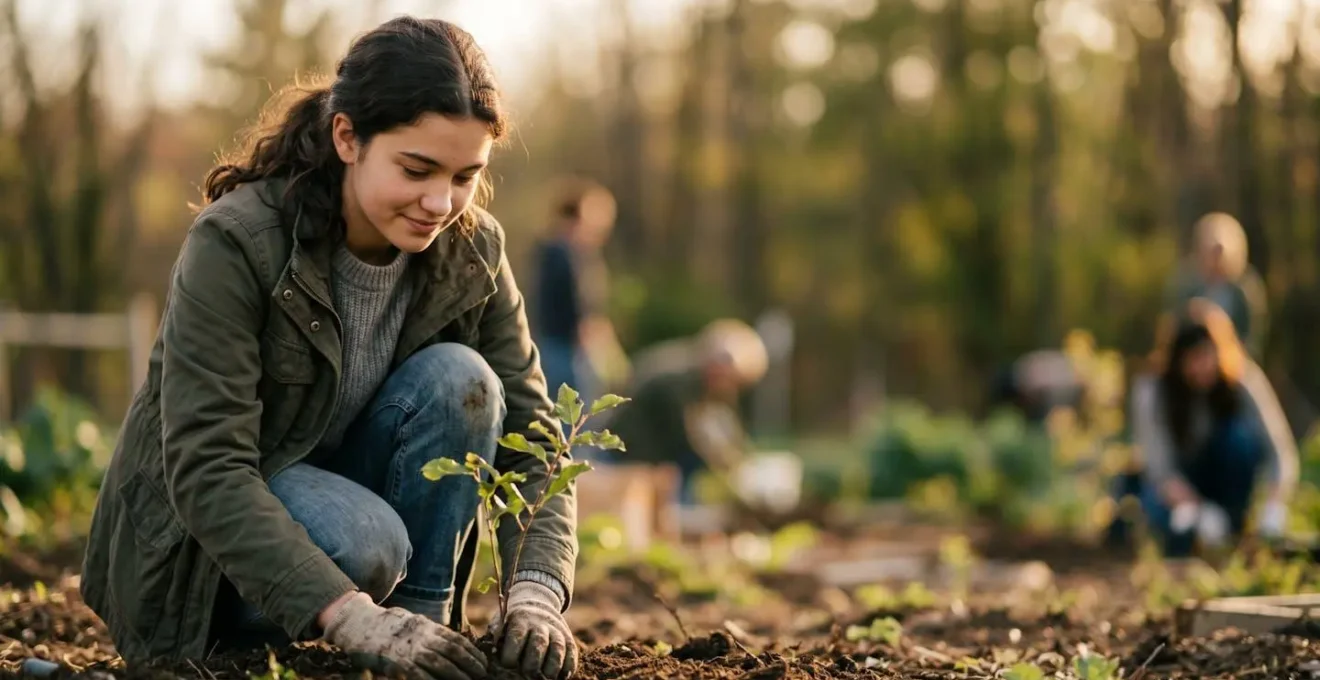 Un adolescent engagé dans une action écologique concrète, symbolisant la transformation de l'anxiété en pouvoir d'agir