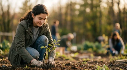 Un adolescent engagé dans une action écologique concrète, symbolisant la transformation de l'anxiété en pouvoir d'agir