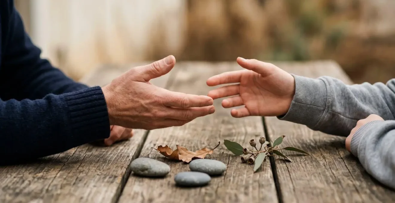 Un moment d'écoute authentique entre un parent et un adolescent abordant l'anxiété climatique