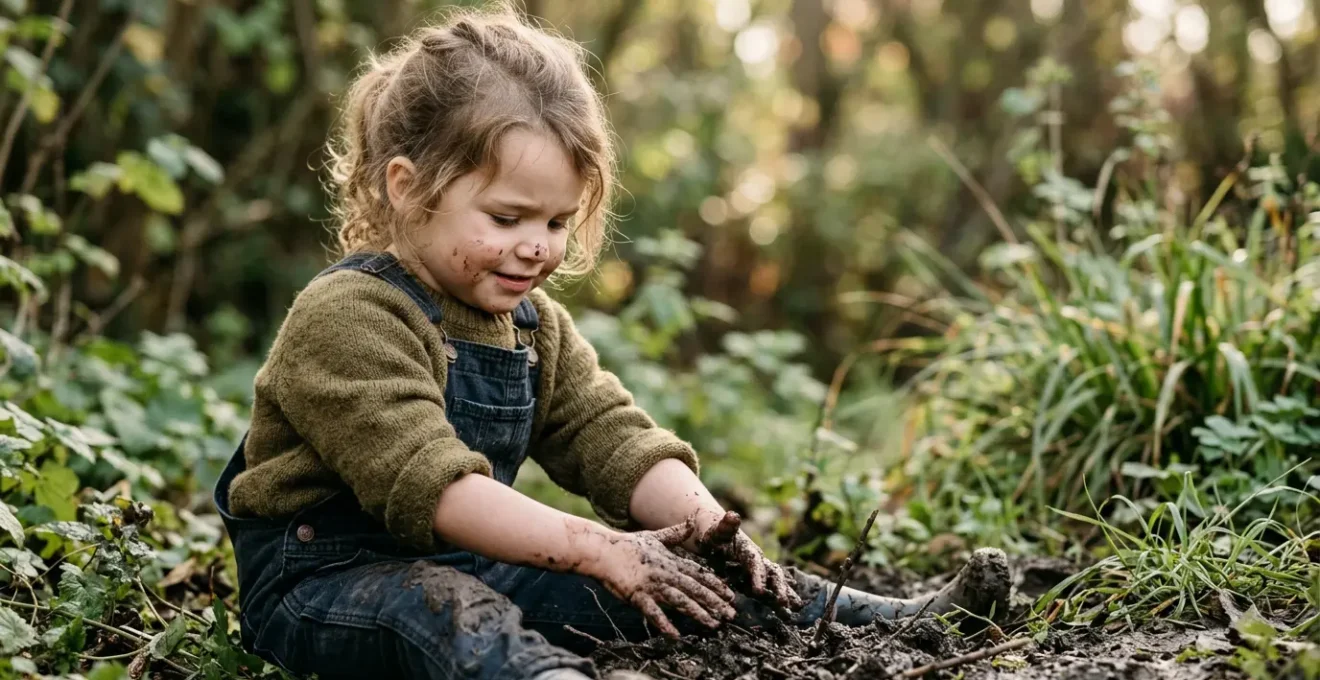 Enfant concentré explorant la texture de la terre et de la boue dans un environnement naturel