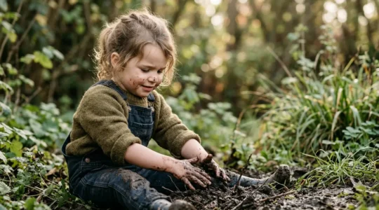 Enfant concentré explorant la texture de la terre et de la boue dans un environnement naturel