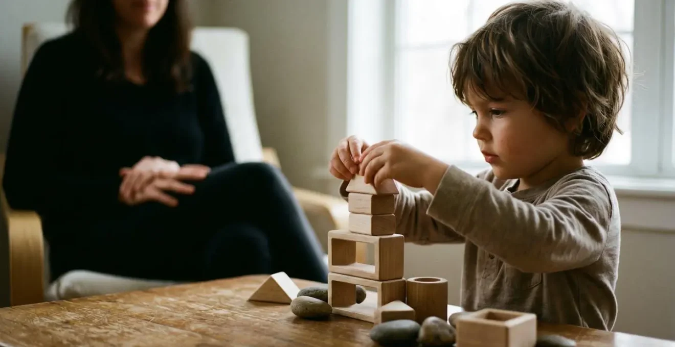 Enfant concentré construisant de manière autonome avec du matériel simple, parent observant sans intervenir en arrière-plan