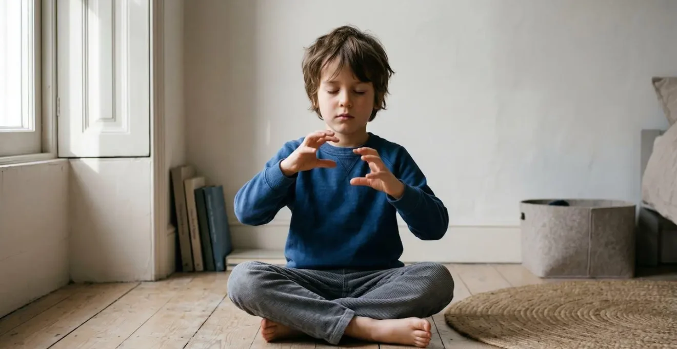 Enfant en posture d'écoute créant des images mentales dans un espace calme et épuré
