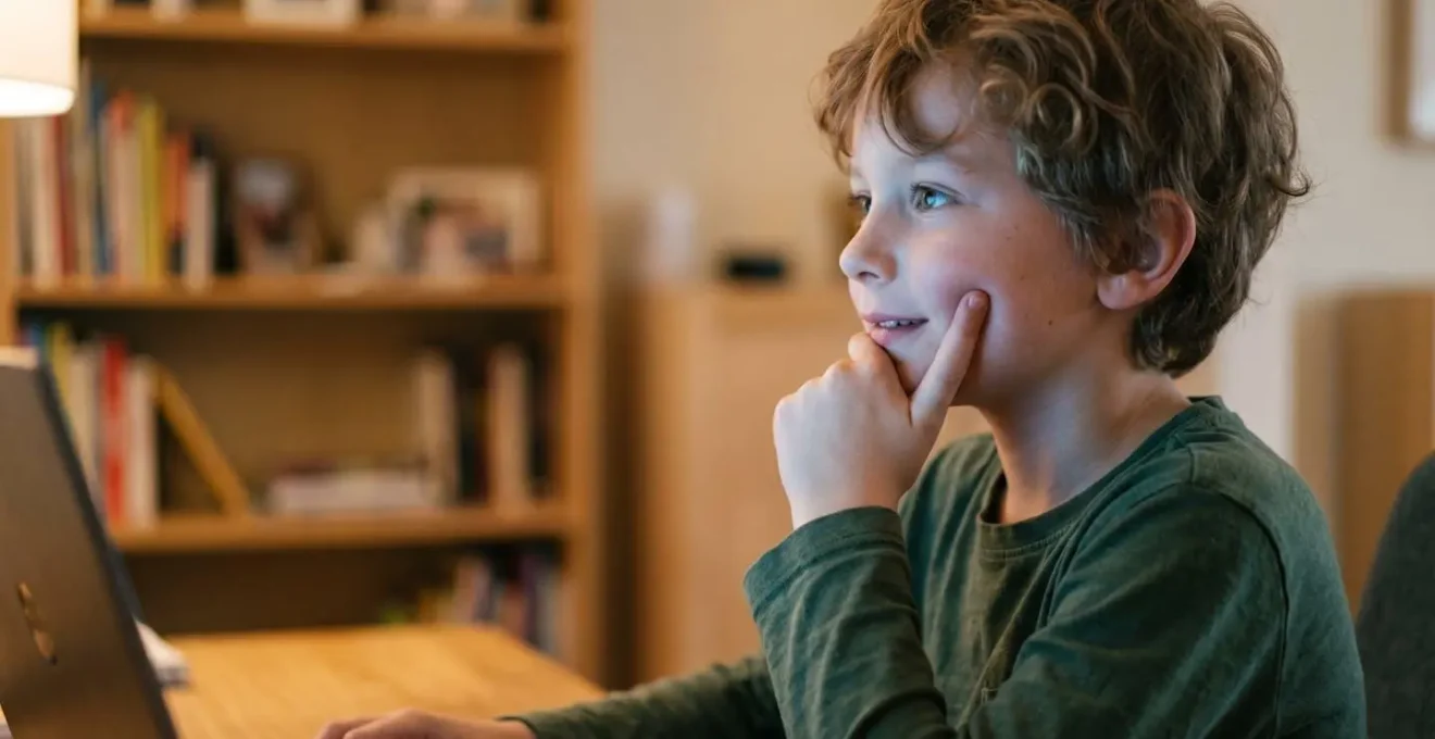 Enfant captivé regardant du contenu éducatif avec expression de fascination et d'apprentissage