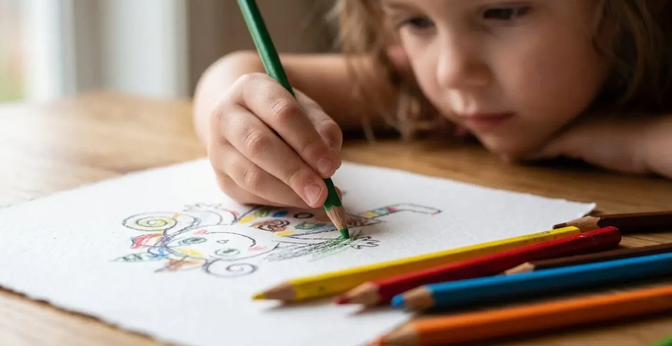 Mains d'enfant en train de dessiner un personnage original sur papier blanc, crayons de couleur visibles, concentration créative palpable