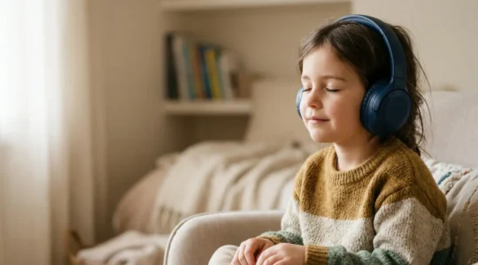 Enfant plongé dans l'écoute d'une histoire, yeux fermés en pleine création d'images mentales