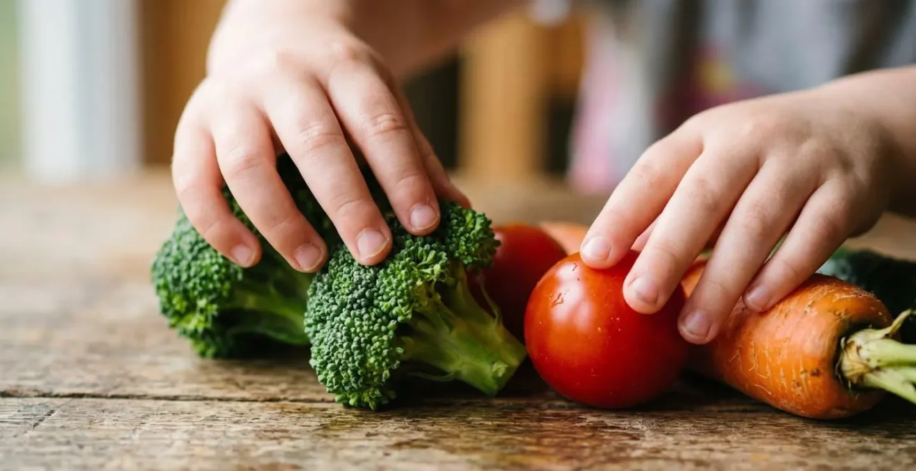 Gros plan sur les mains d'un enfant explorant délicatement la texture de légumes colorés