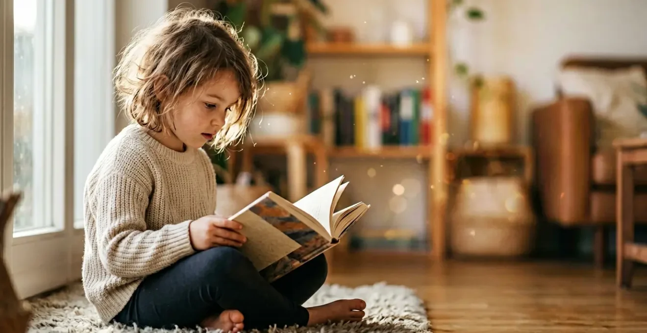 Un enfant absorbé par la lecture d'un livre, entouré d'une atmosphère onirique suggérant son imagination active