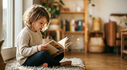 Un enfant absorbé par la lecture d'un livre, entouré d'une atmosphère onirique suggérant son imagination active