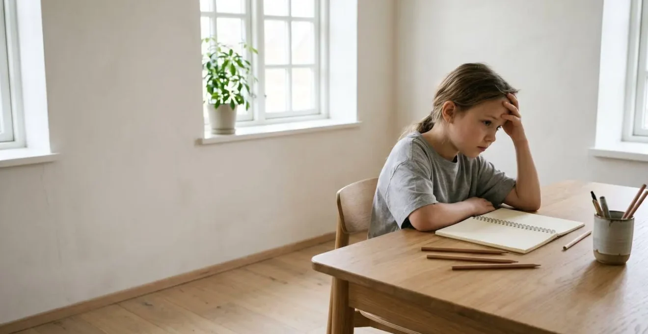 Enfant assis montrant des signes d'irritabilité et de fatigue après une session prolongée d'activité visuelle