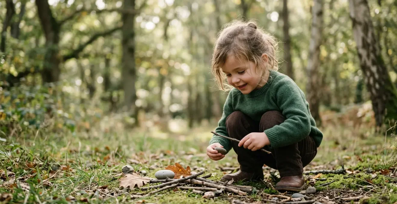 Enfant jouant librement dans un environnement naturel, développant son autonomie par l'exploration créative