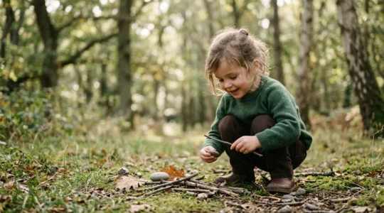 Enfant jouant librement dans un environnement naturel, développant son autonomie par l'exploration créative