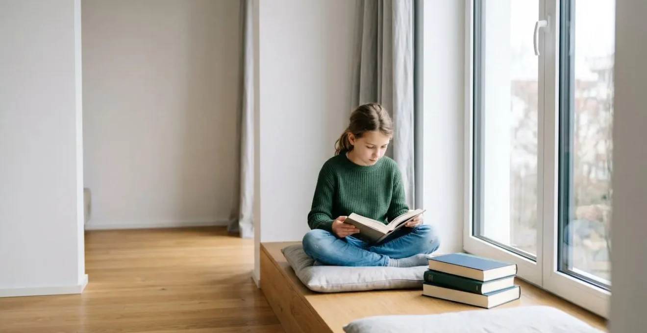 Enfant absorbé dans la lecture d'une série de livres développant sa mémoire narrative
