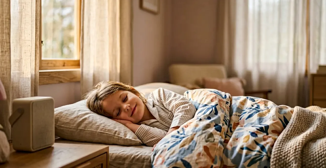 Enfant paisible écoutant une histoire audio au moment du coucher dans une atmosphère calme et apaisante