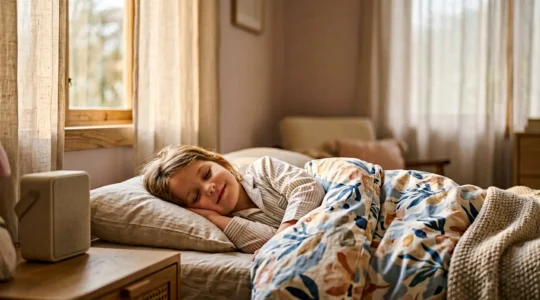Enfant paisible écoutant une histoire audio au moment du coucher dans une atmosphère calme et apaisante