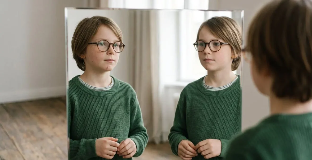 Un enfant regardant son reflet dans un miroir, expression sereine et confiante, lumière douce créant une atmosphère contemplative