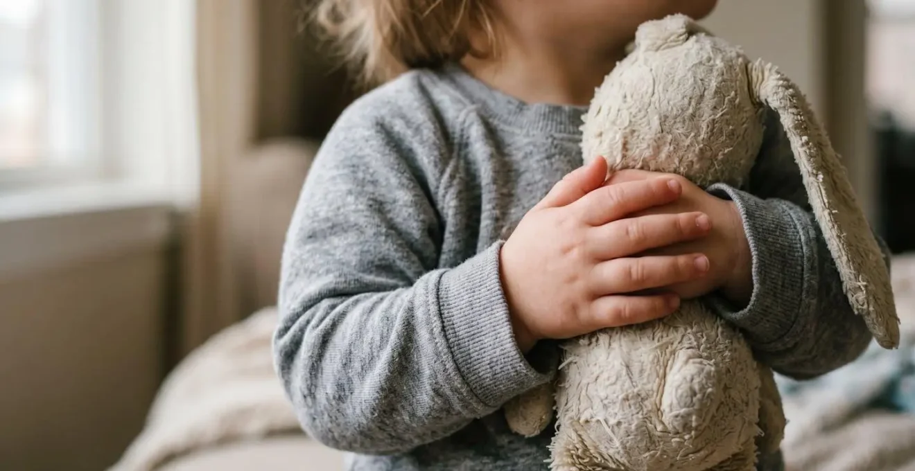 Gros plan sur les mains d'un jeune enfant serrant fermement son jouet préféré contre sa poitrine