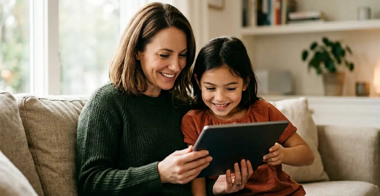Parent et enfant utilisant une tablette ensemble dans un environnement familial sécurisé