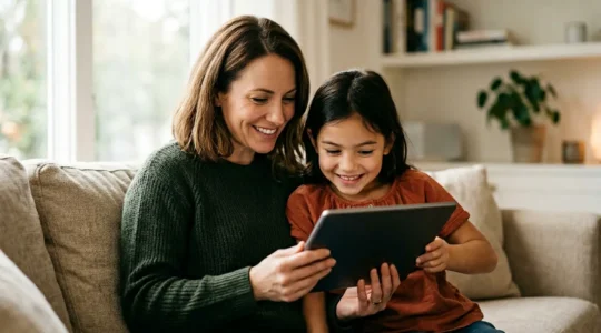 Parent et enfant utilisant une tablette ensemble dans un environnement familial sécurisé