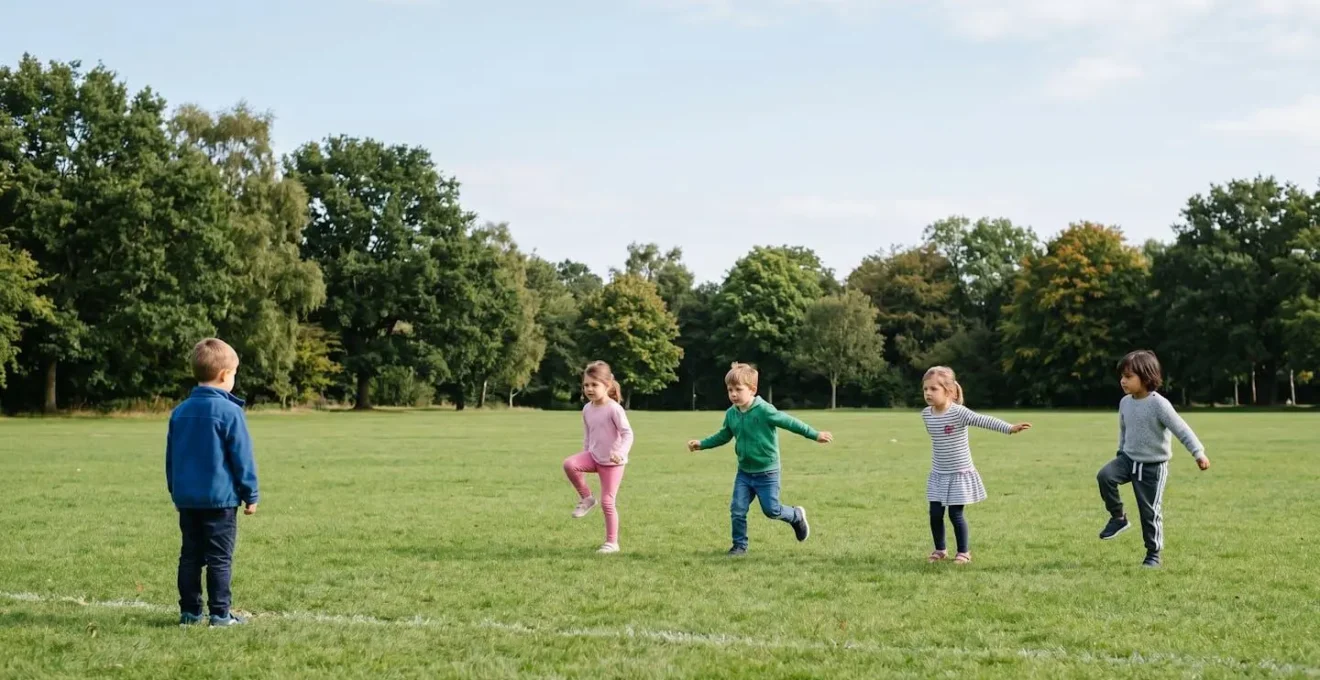 Enfants en plein jeu de '1, 2, 3 Soleil', figés dans différentes postures de mouvement arrêté