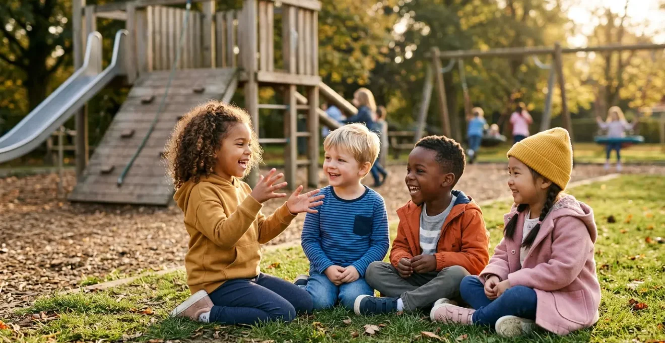 Groupe d'enfants d'âge préscolaire jouant ensemble à un jeu collectif en extérieur