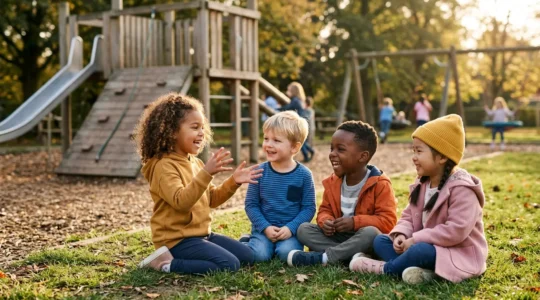Groupe d'enfants d'âge préscolaire jouant ensemble à un jeu collectif en extérieur