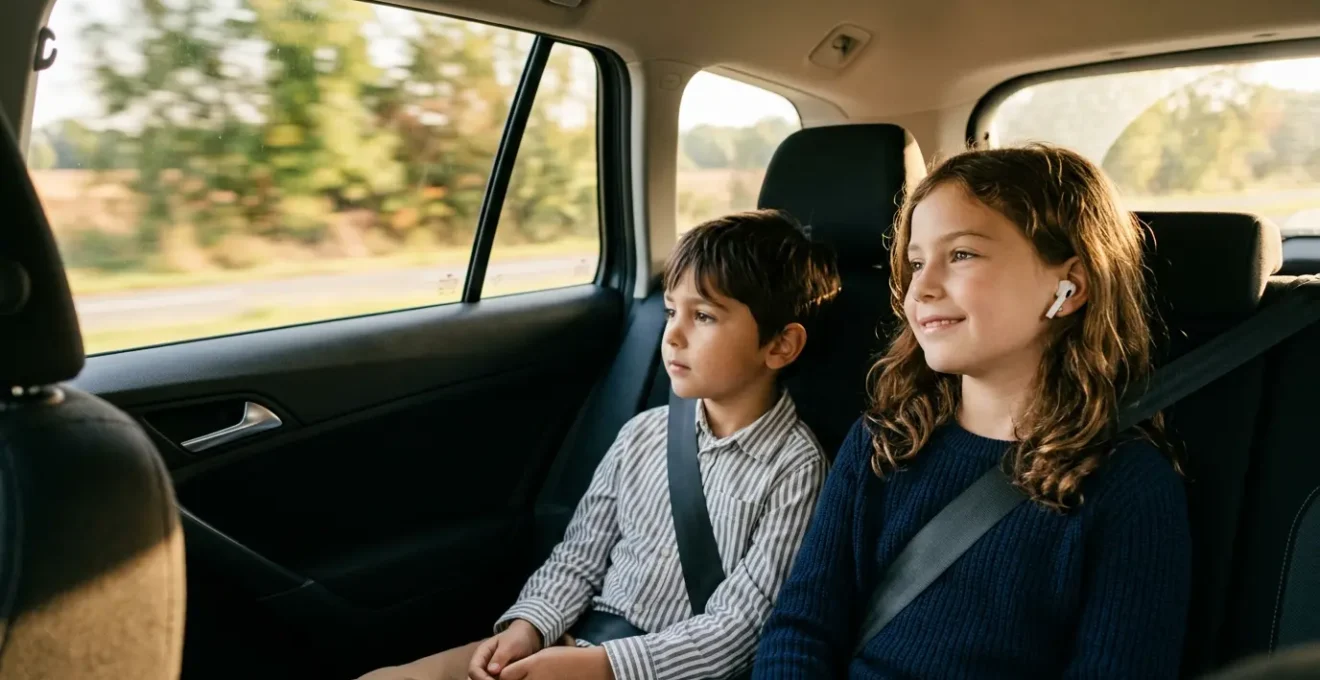 Enfants paisibles écoutant une histoire en voiture durant un trajet scolaire