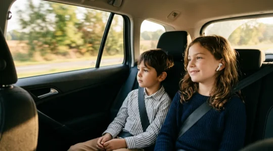 Enfants paisibles écoutant une histoire en voiture durant un trajet scolaire