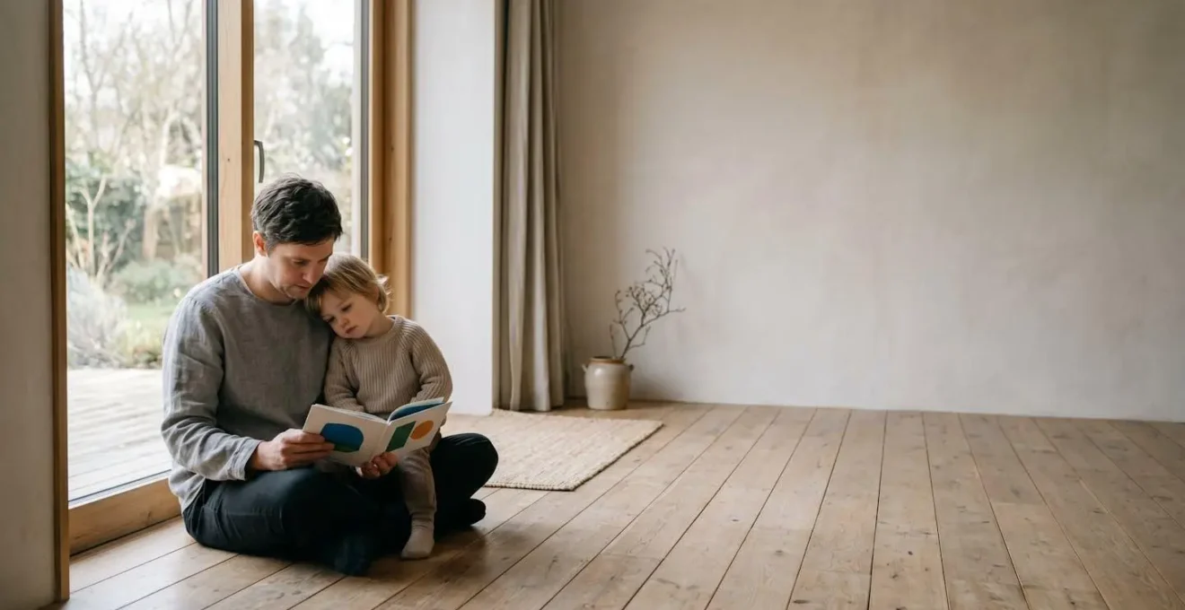 Parent et enfant assis côte à côte dans un moment de lecture partagée, baignés dans une lumière naturelle douce