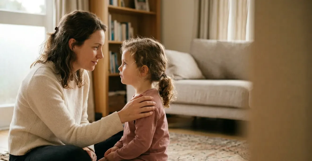 Parent et enfant partageant un moment d'écoute et de connexion émotionnelle dans une atmosphère douce et bienveillante