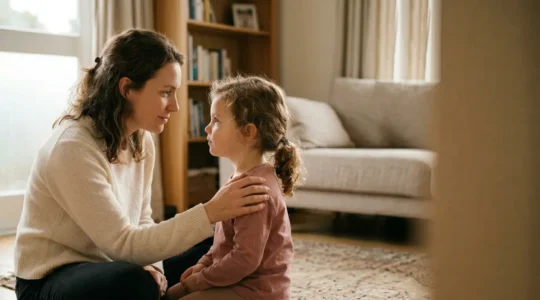 Parent et enfant partageant un moment d'écoute et de connexion émotionnelle dans une atmosphère douce et bienveillante