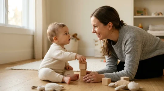 Moment d'interaction entre un parent et son bébé lors d'une activité quotidienne sans écran