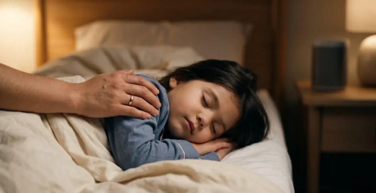 Moment de complicité entre parent et enfant lors du rituel du coucher avec écoute audio