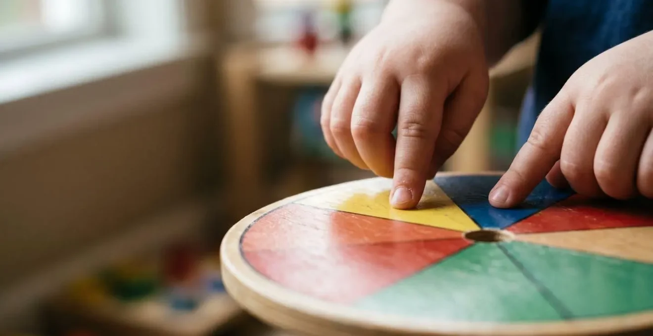 Gros plan sur les mains d'un enfant explorant un objet circulaire coloré illustrant les différentes émotions de base