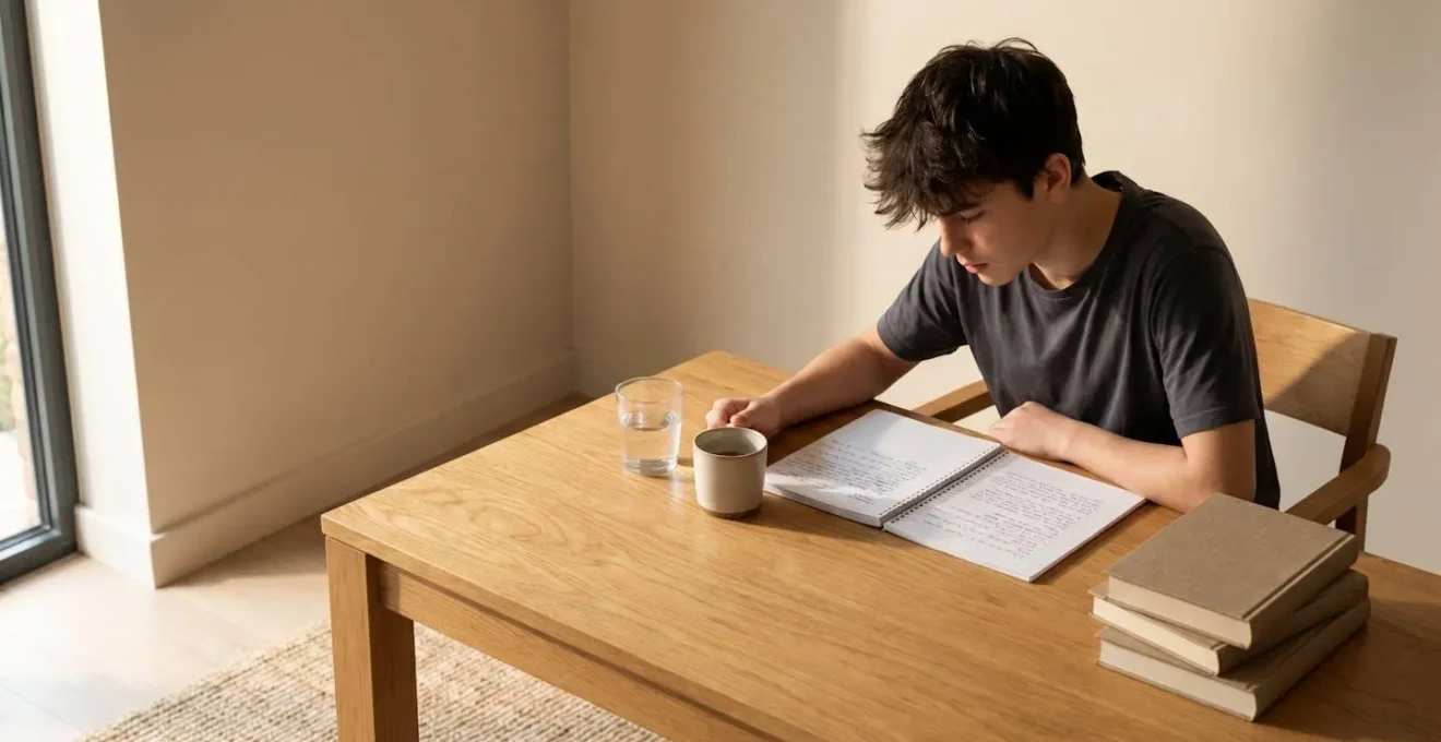 Adolescent concentré sur ses devoirs dans un environnement calme, symbolisant l'impact des écrans sur la scolarité