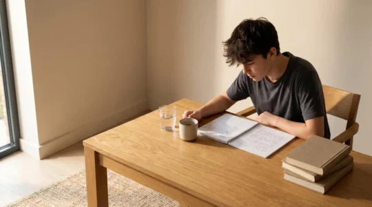 Adolescent concentré sur ses devoirs dans un environnement calme, symbolisant l'impact des écrans sur la scolarité