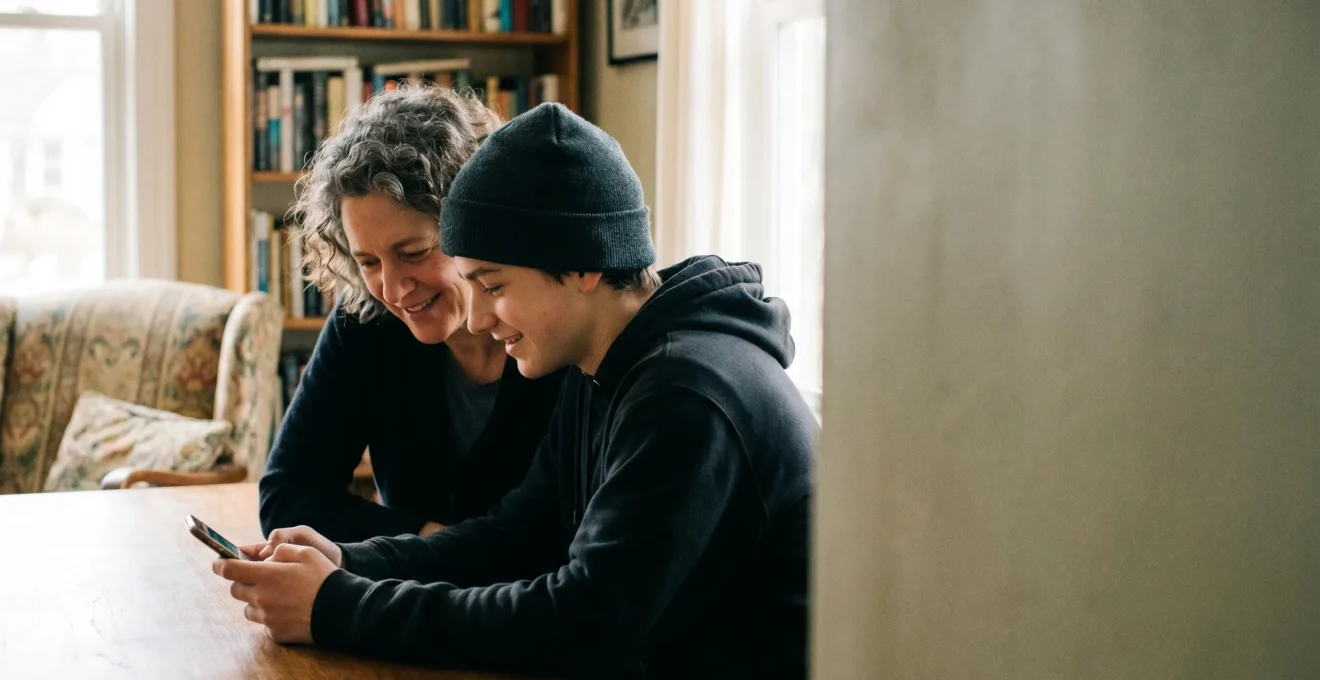 Un parent et son adolescent travaillant ensemble sur la création d'une vidéo, illustrant l'accompagnement bienveillant dans la création de contenu numérique