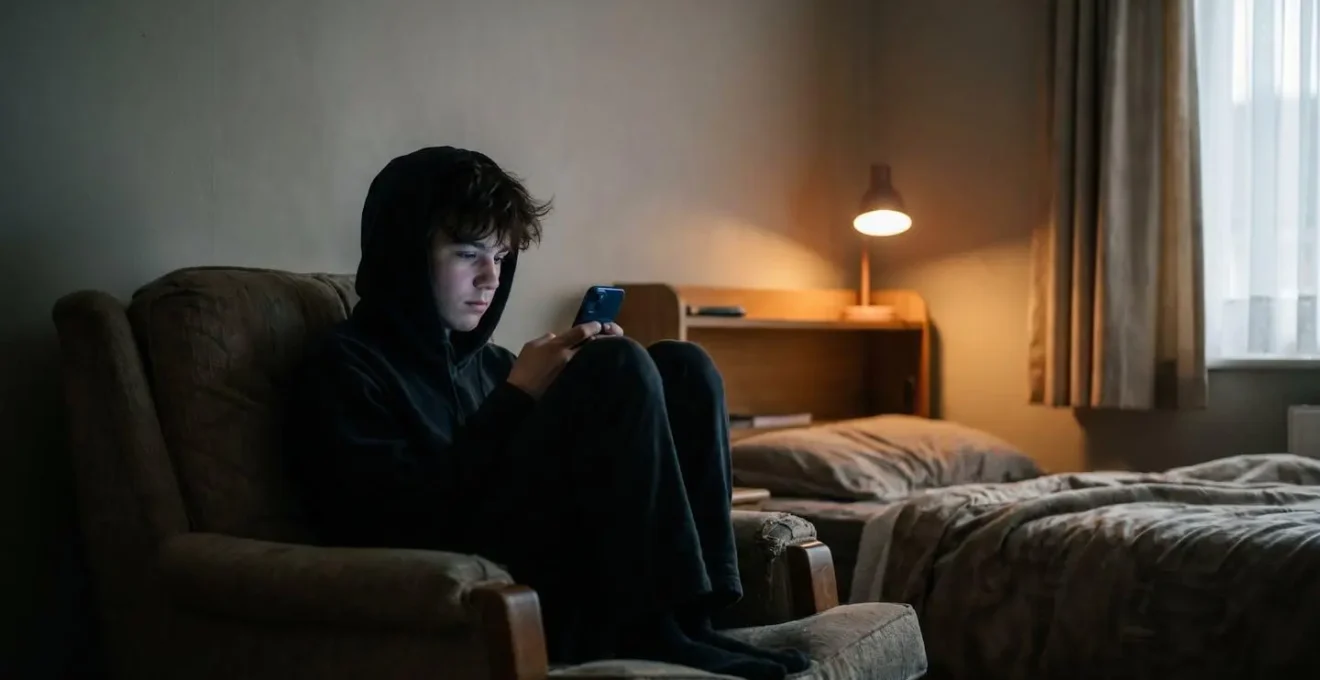 Adolescent isolé devant un écran dans une ambiance crépusculaire évoquant la solitude numérique