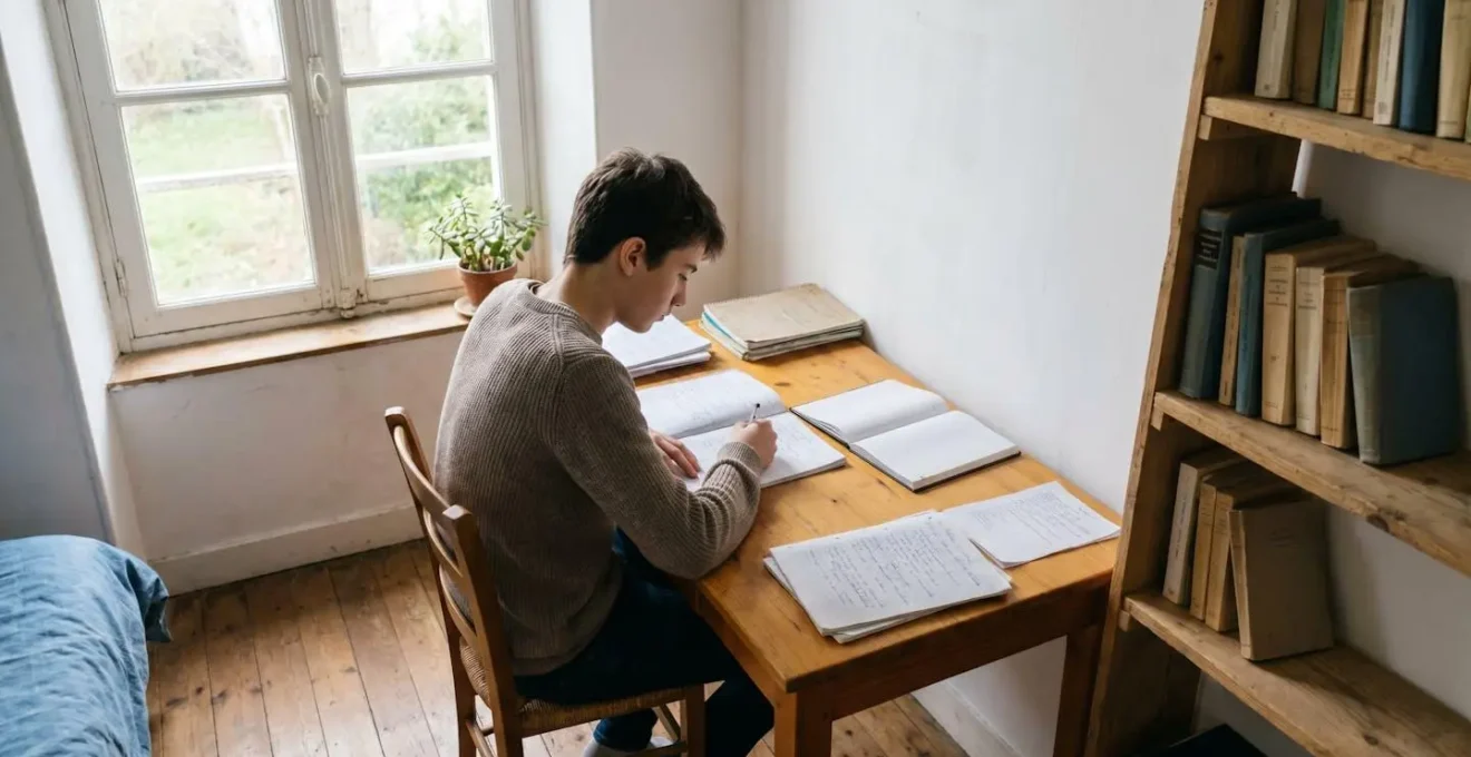 Adolescent concentré dans un environnement d'étude apaisant symbolisant la réussite scolaire au collège