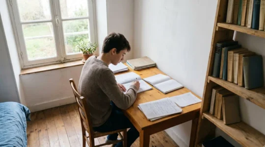 Adolescent concentré dans un environnement d'étude apaisant symbolisant la réussite scolaire au collège