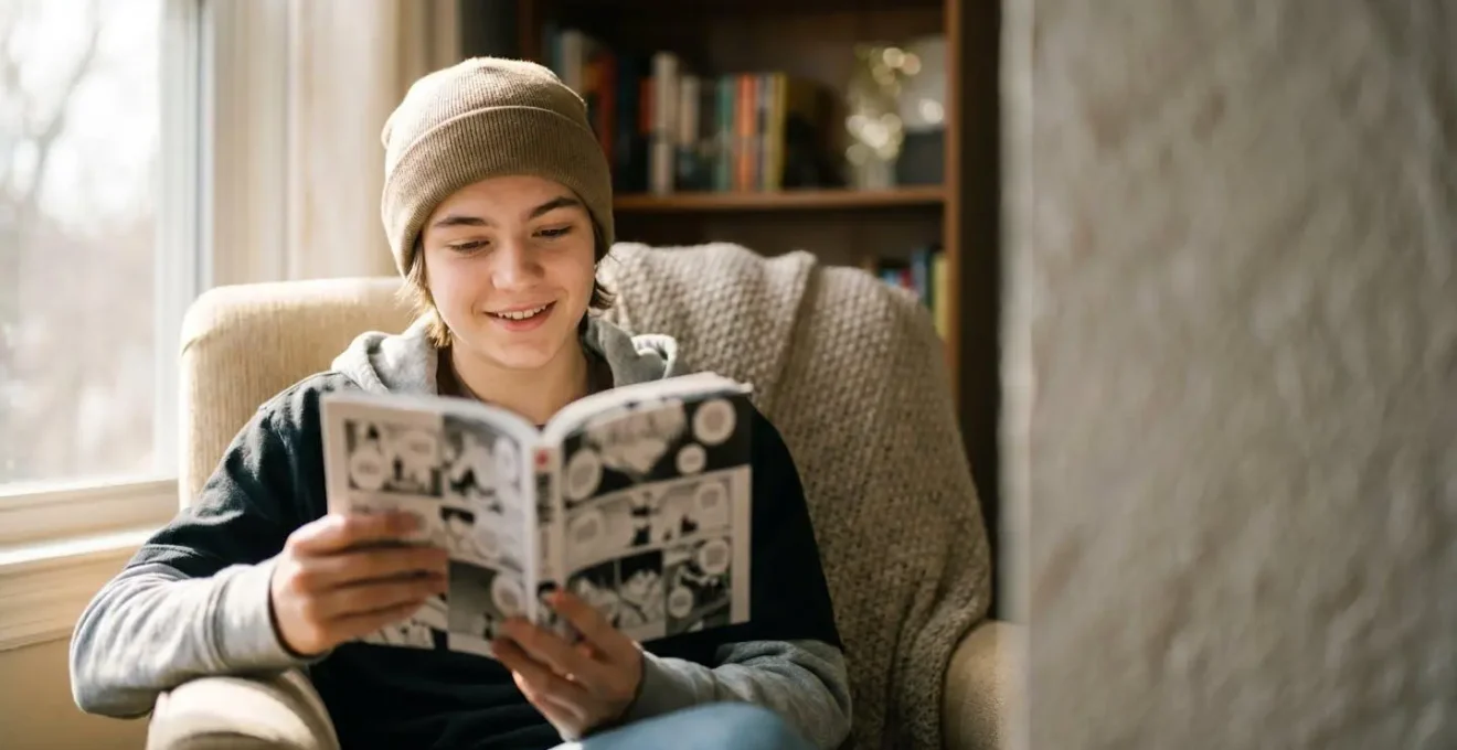 Un adolescent concentré découvrant l'univers du manga, capturant le moment où la lecture redevient un plaisir