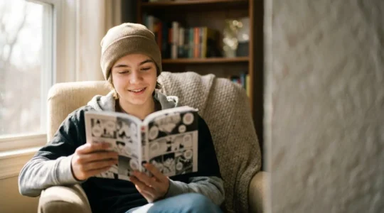 Un adolescent concentré découvrant l'univers du manga, capturant le moment où la lecture redevient un plaisir
