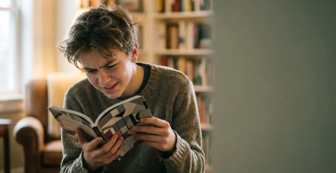 Adolescent concentré lisant un roman graphique dans une atmosphère contemplative