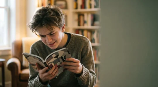 Adolescent concentré lisant un roman graphique dans une atmosphère contemplative
