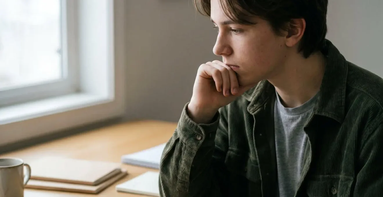 Adolescent concentré travaillant sur le montage vidéo avec des éléments visuels représentant la structuration de la pensée
