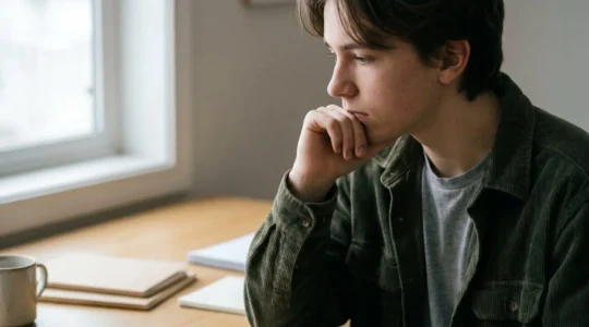 Adolescent concentré travaillant sur le montage vidéo avec des éléments visuels représentant la structuration de la pensée