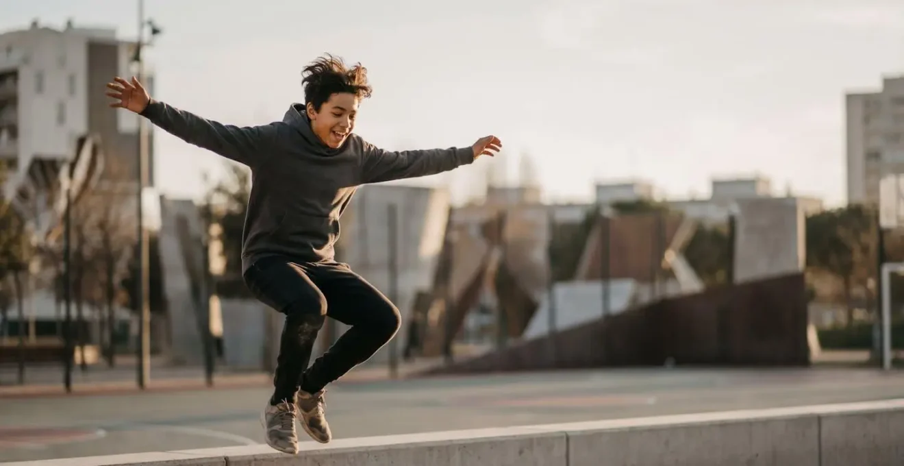 Adolescent en plein mouvement sportif dans un environnement urbain moderne, symbolisant la liberté et l'énergie de la jeunesse active