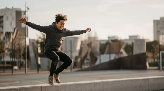 Adolescent en plein mouvement sportif dans un environnement urbain moderne, symbolisant la liberté et l'énergie de la jeunesse active