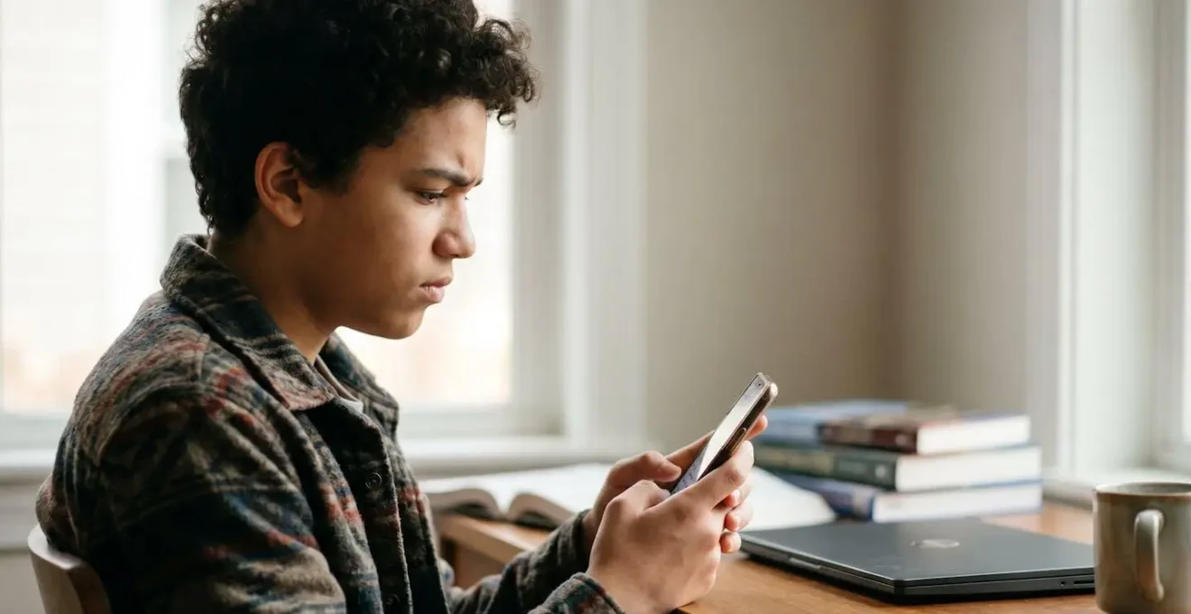 Adolescent regardant son smartphone avec une expression pensive, symbolisant les préoccupations liées à l'e-réputation et à l'admission universitaire