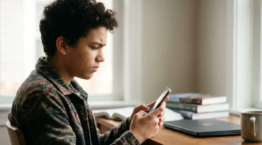 Adolescent regardant son smartphone avec une expression pensive, symbolisant les préoccupations liées à l'e-réputation et à l'admission universitaire